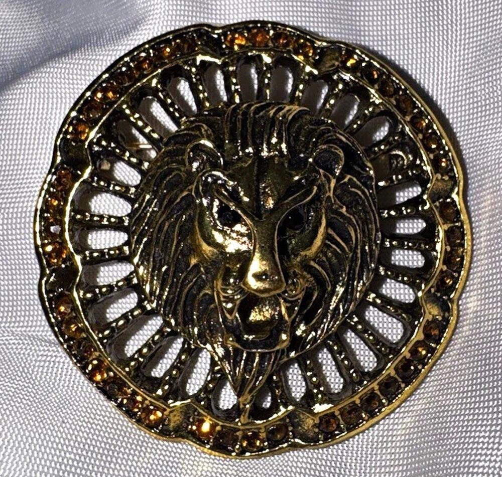 Lion Head Brooch Gold Tone Deep Topaz Rhinestone Round Statement Jewelry Pin